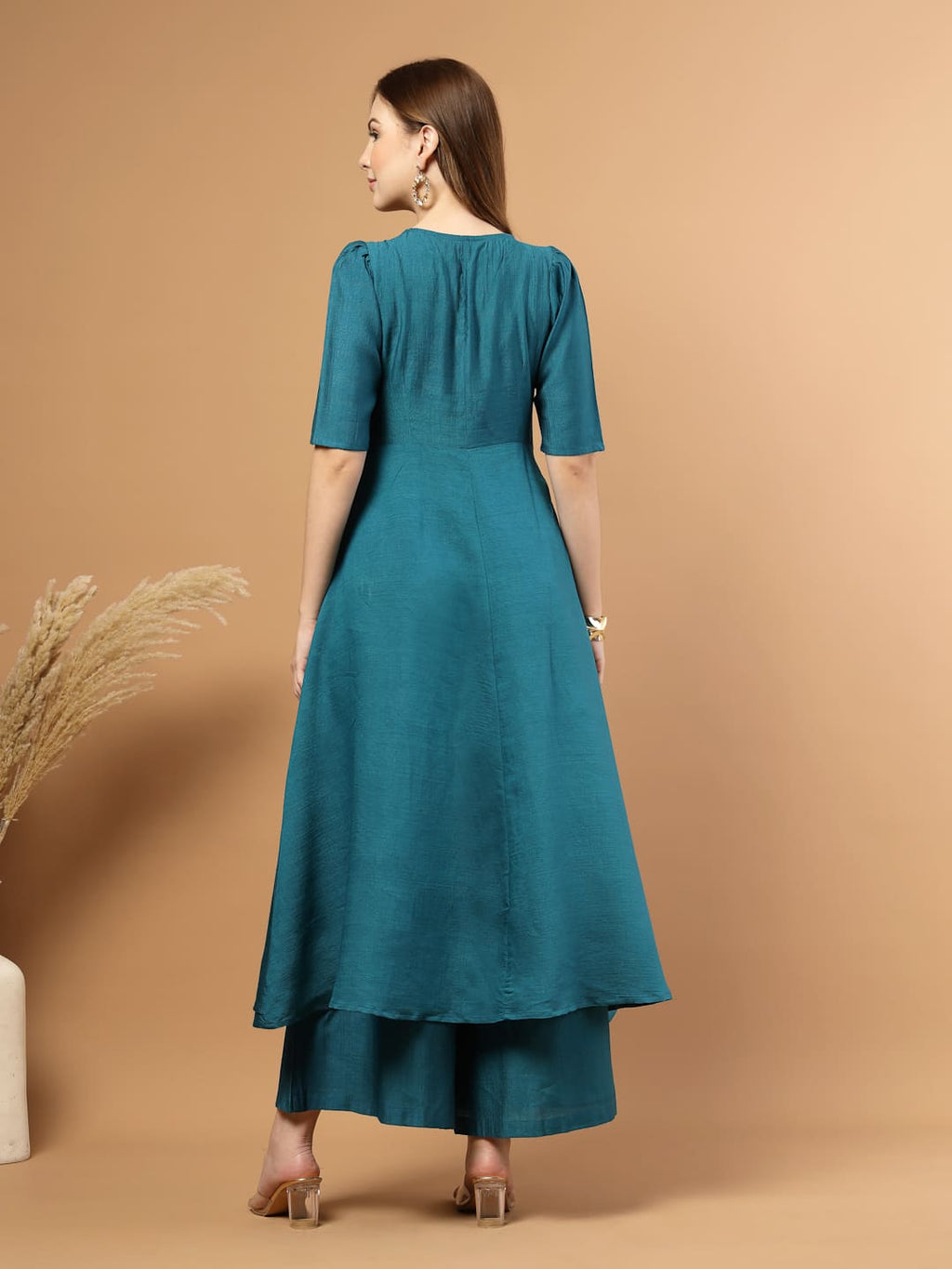 Teal layered kurta set with flared pants for women – festive and party wear- Back view
