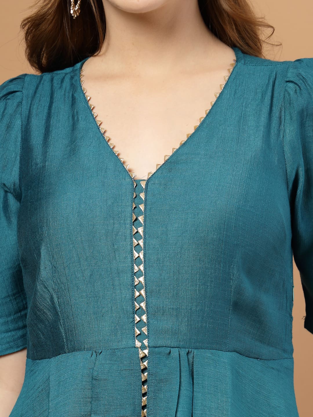 Teal layered kurta set with flared pants for women – festive and party wear- Kurta Close Up