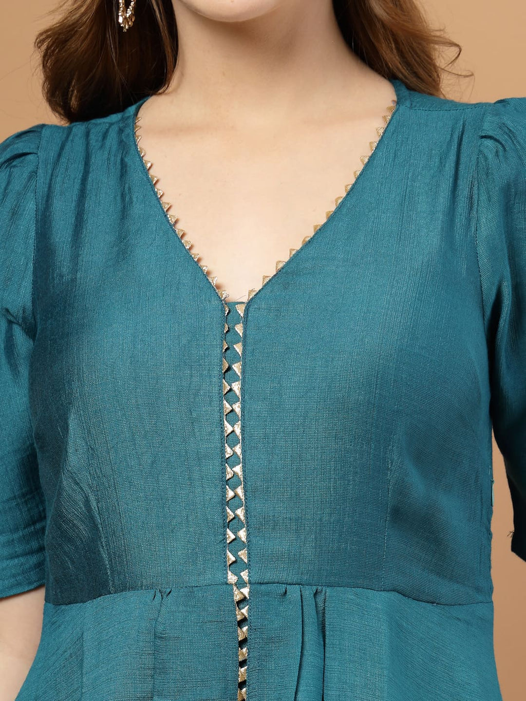 Teal Coloured layered kurta set for women, close up view
