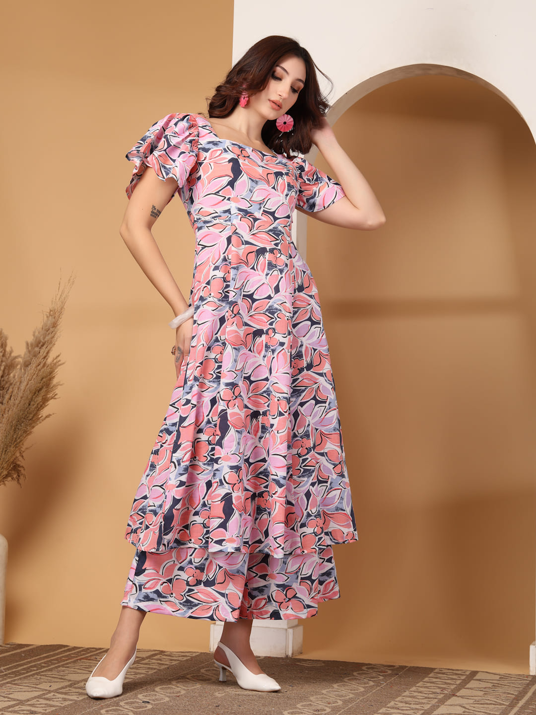 Pink Floral Print Square Neck Kurti Set with Flutter Sleeves & Matching Trousers