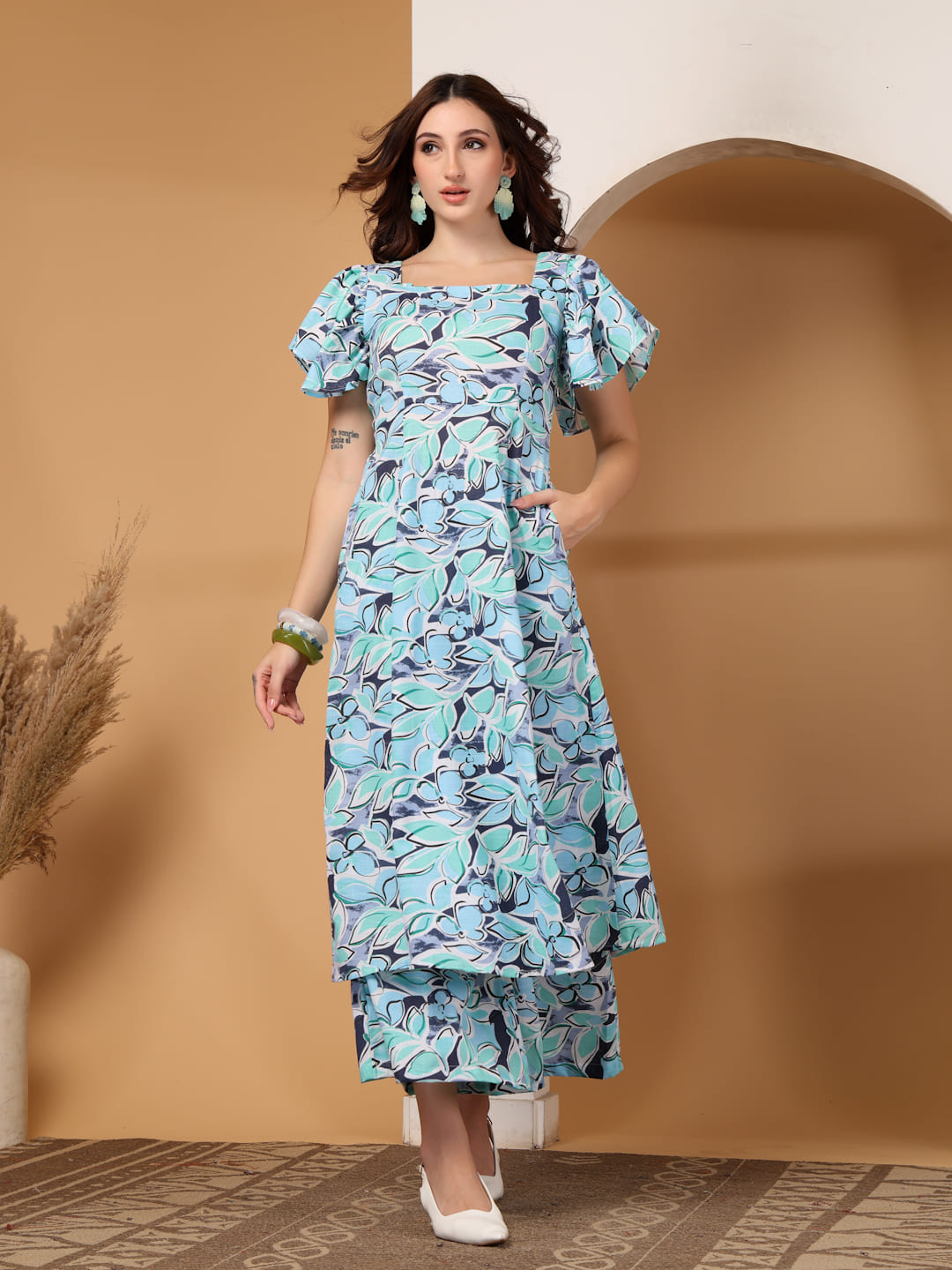 Turquoise Floral Print Square Neck Kurti Set with Flutter Sleeves & Matching Trousers