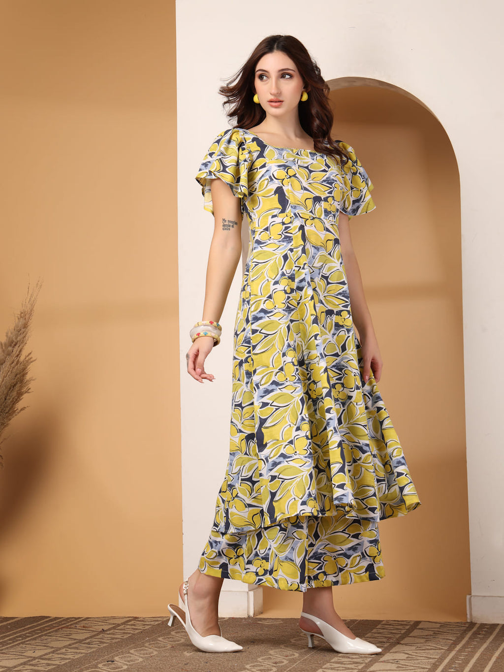 Yellow Floral Print Square Neck Kurti Set with Flutter Sleeves & Matching Trousers