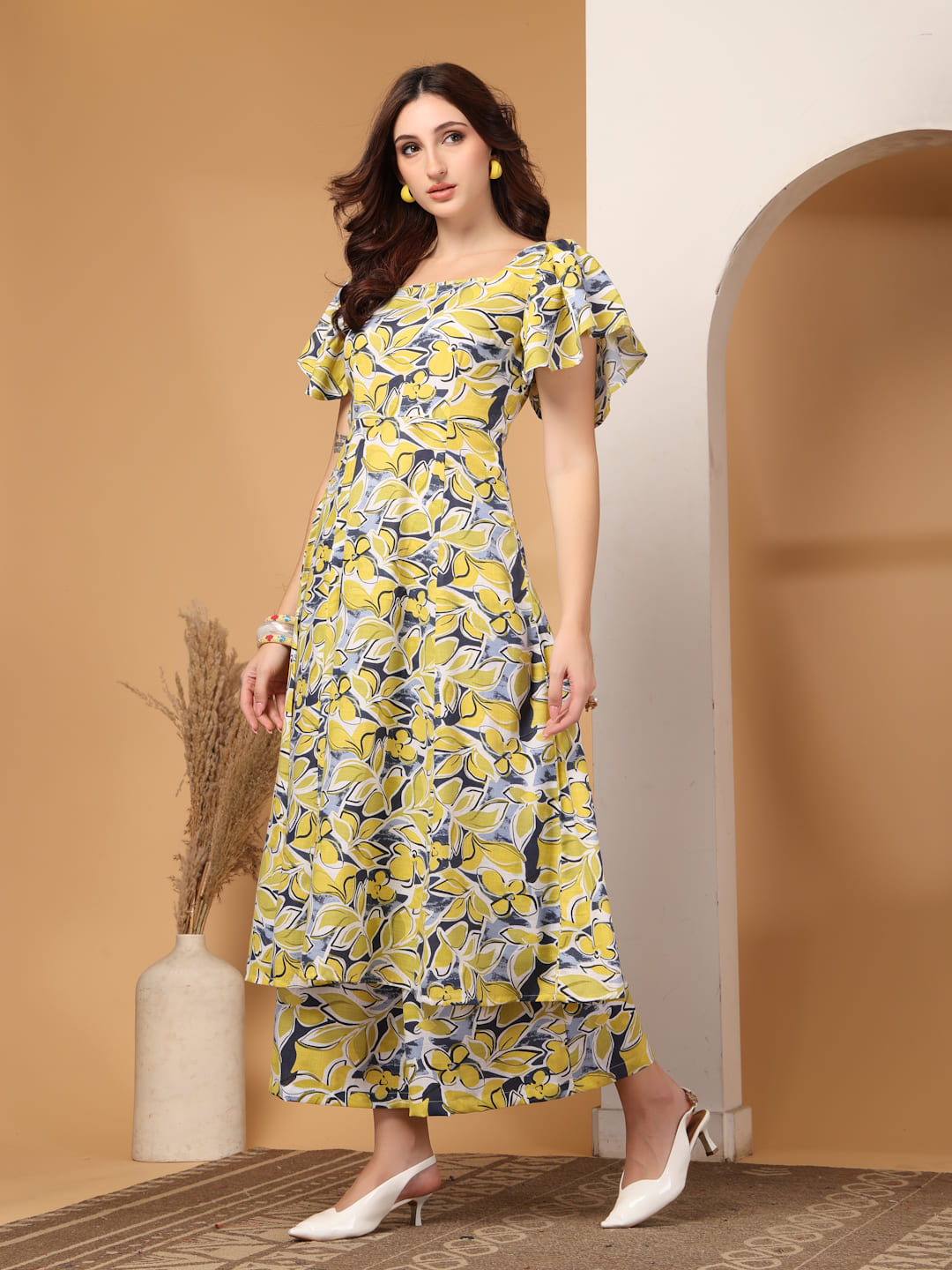 Yellow Floral Print Square Neck Kurti Set with Flutter Sleeves & Matching Trousers