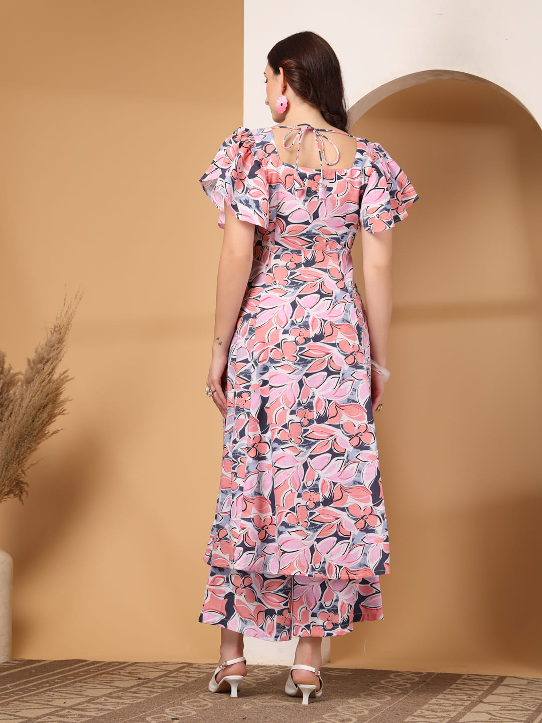 Pink Floral Print Square Neck Kurti Set with Flutter Sleeves & Matching Trousers