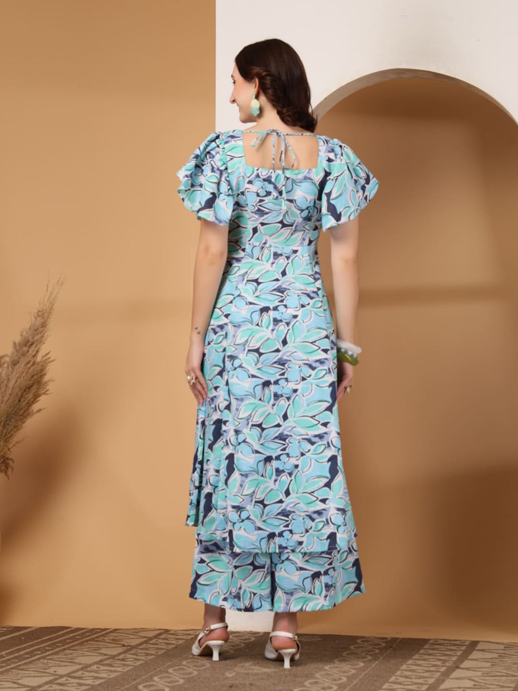Turquoise Floral Print Square Neck Kurti Set with Flutter Sleeves & Matching Trousers