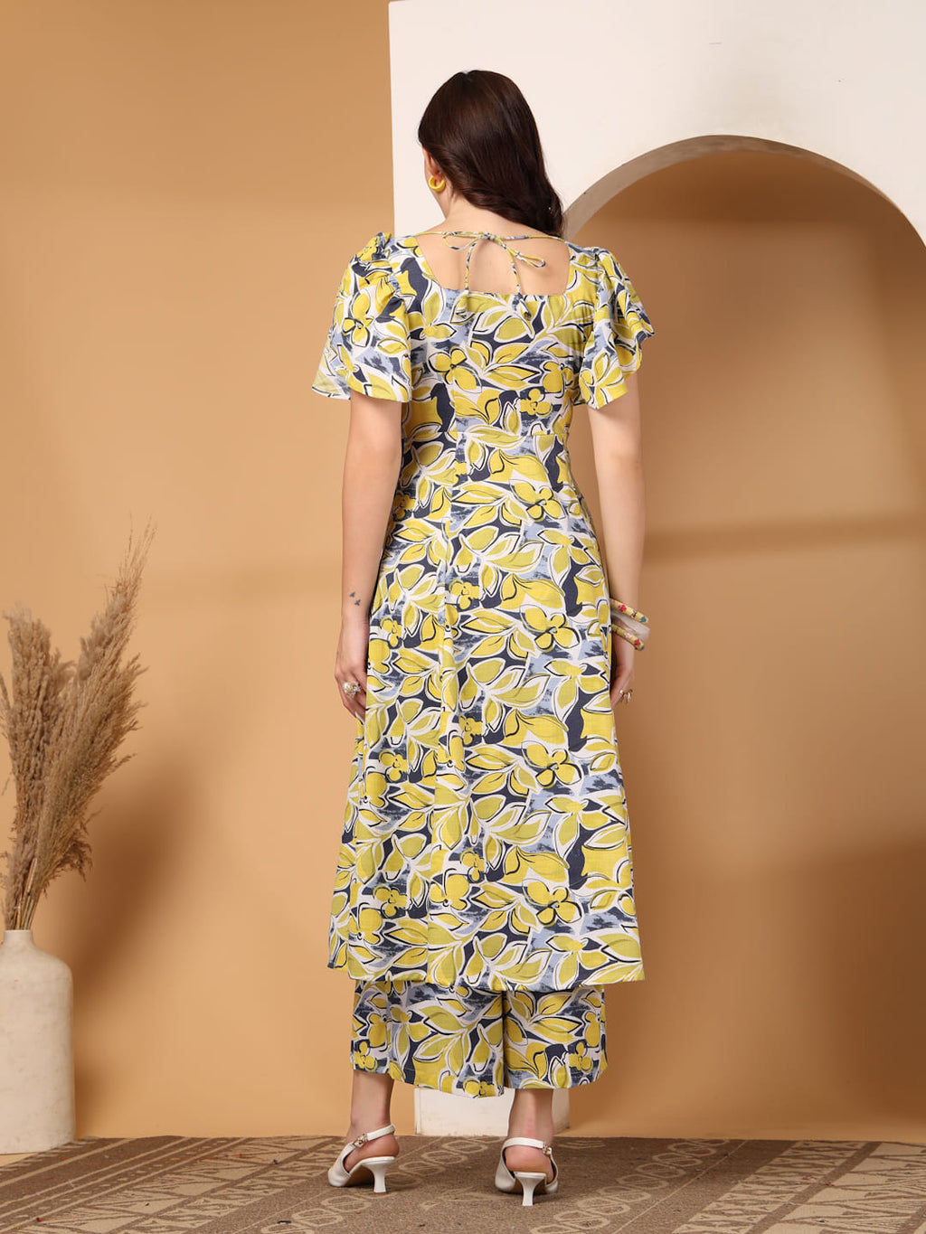 Yellow Floral Print Square Neck Kurti Set with Flutter Sleeves & Matching Trousers