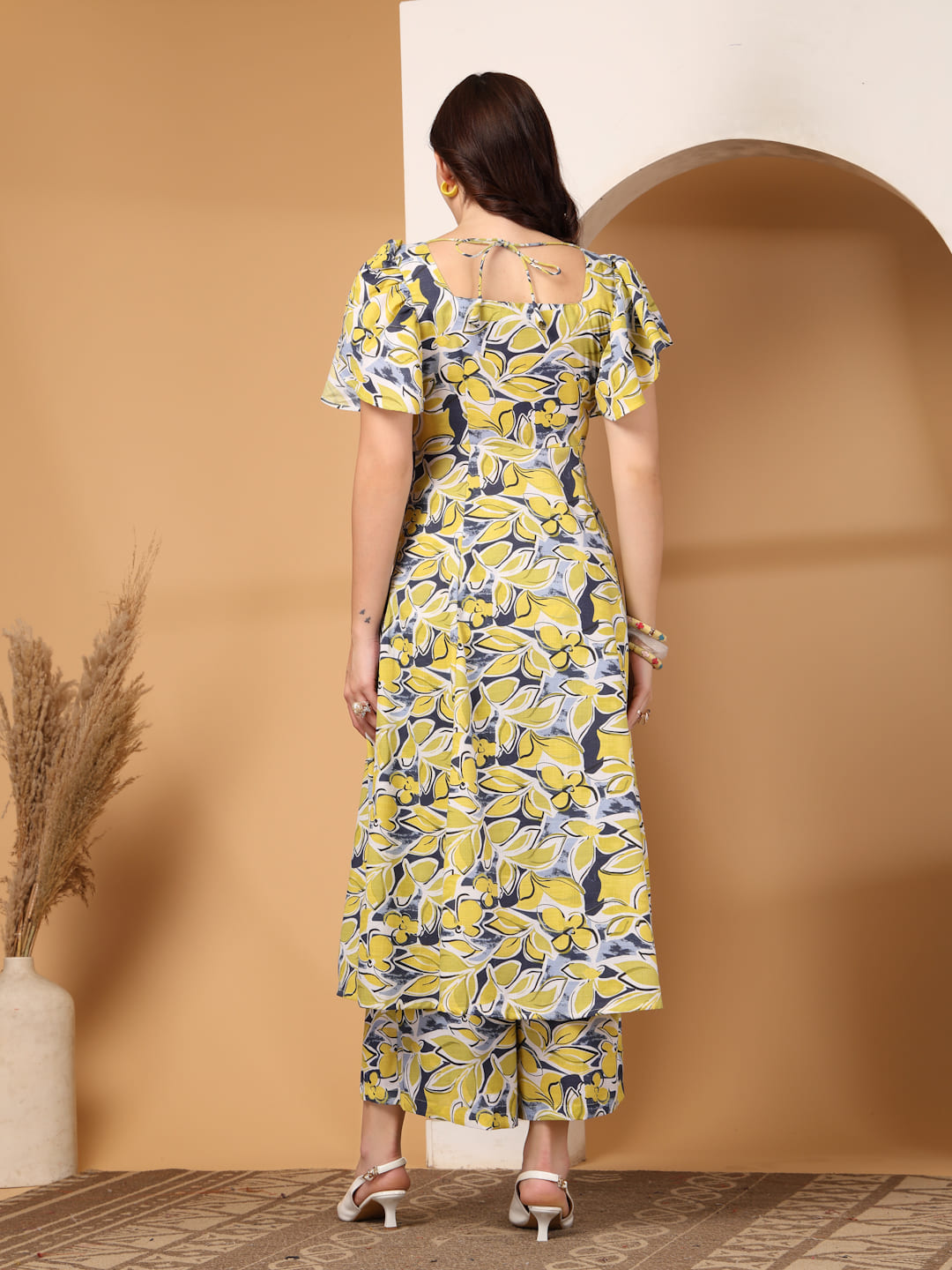 Yellow Floral Print Square Neck Kurti Set with Flutter Sleeves & Matching Trousers
