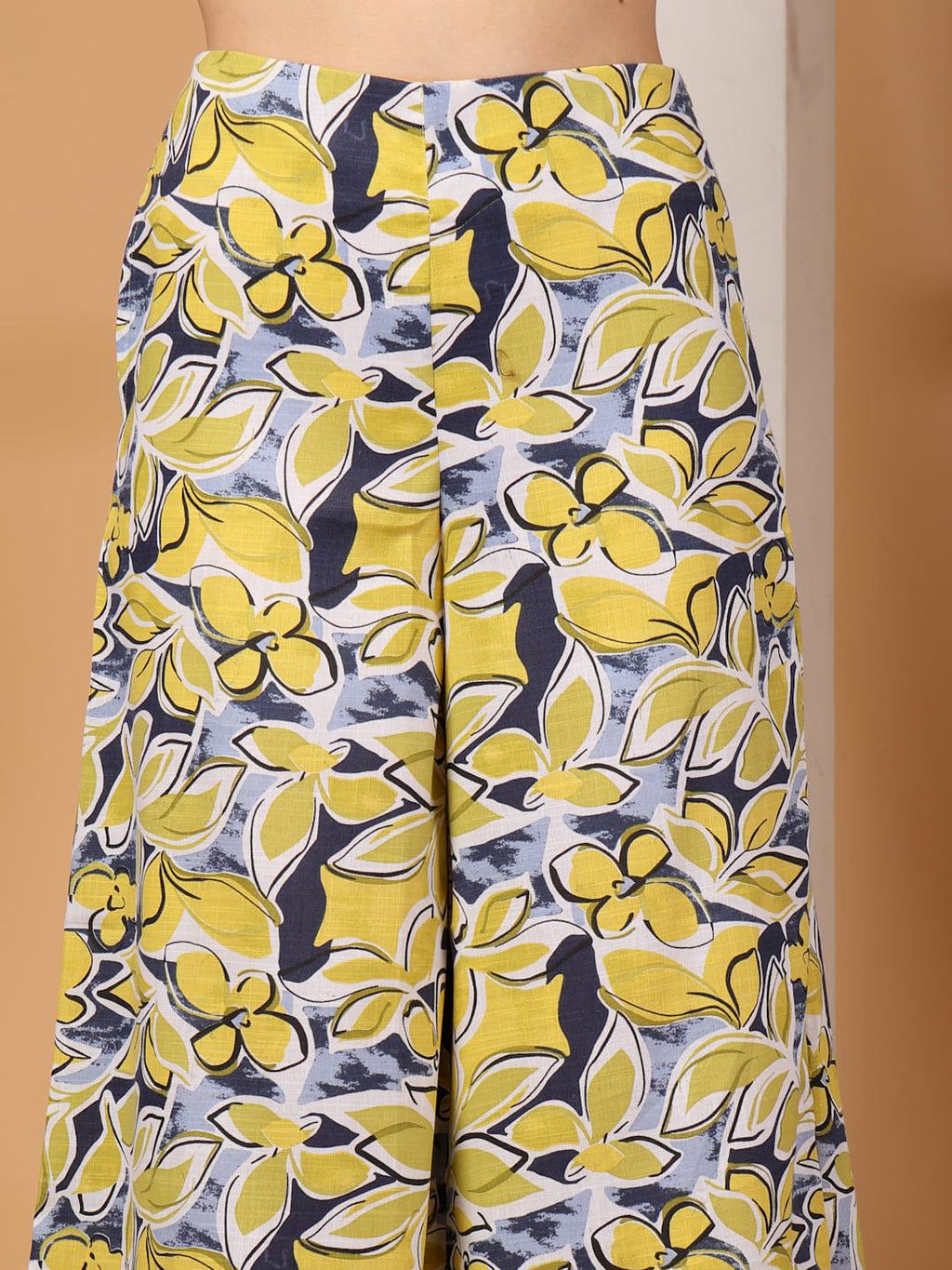 Yellow Floral Print Square Neck Kurti Set with Flutter Sleeves & Matching Trousers