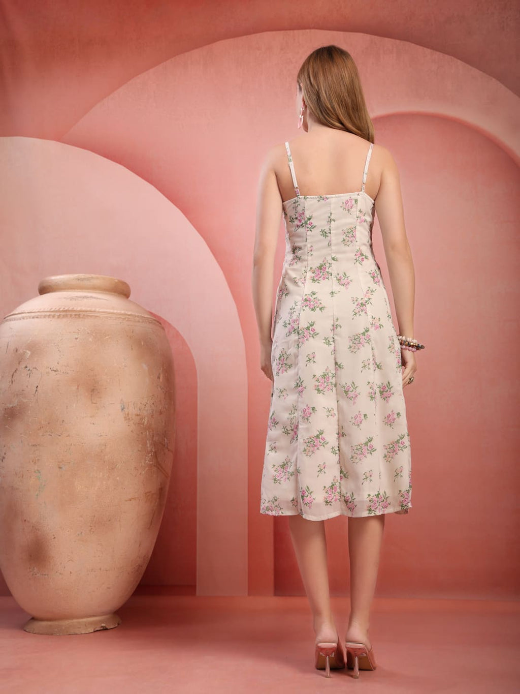 white Printed chiffon panel midi dress for women with shoulder straps back view.
