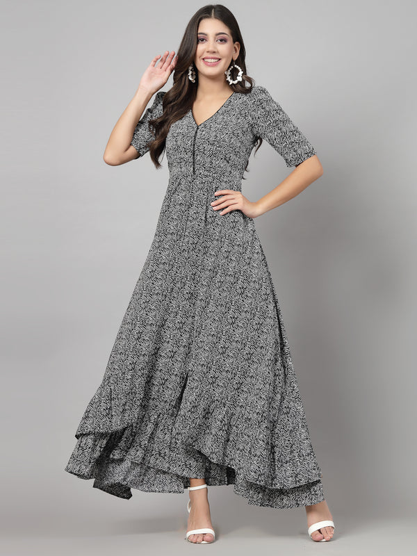 Printed Dress in for women & girls Crepe.  Tailored With Short Sleeve & 'V' Neck, has a high low double layer pattern at front.  Finished with a zip Closure at back for easy slip in.