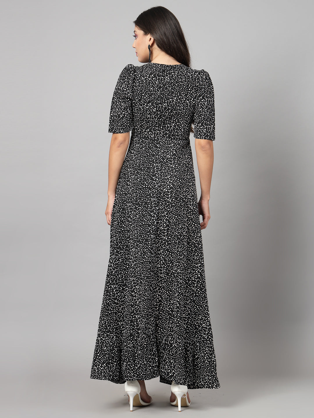 Black dot Printed Dress for women & girls Crepe.  Tailored With Short Sleeve & 'V' Neck, has a high low double layer pattern at front.  Finished with a zip Closure at back for easy slip in.