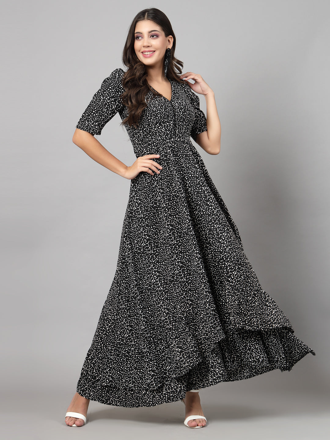 Black dot Printed Dress for women & girls Crepe.  Tailored With Short Sleeve & 'V' Neck, has a high low double layer pattern at front.  Finished with a zip Closure at back for easy slip in.