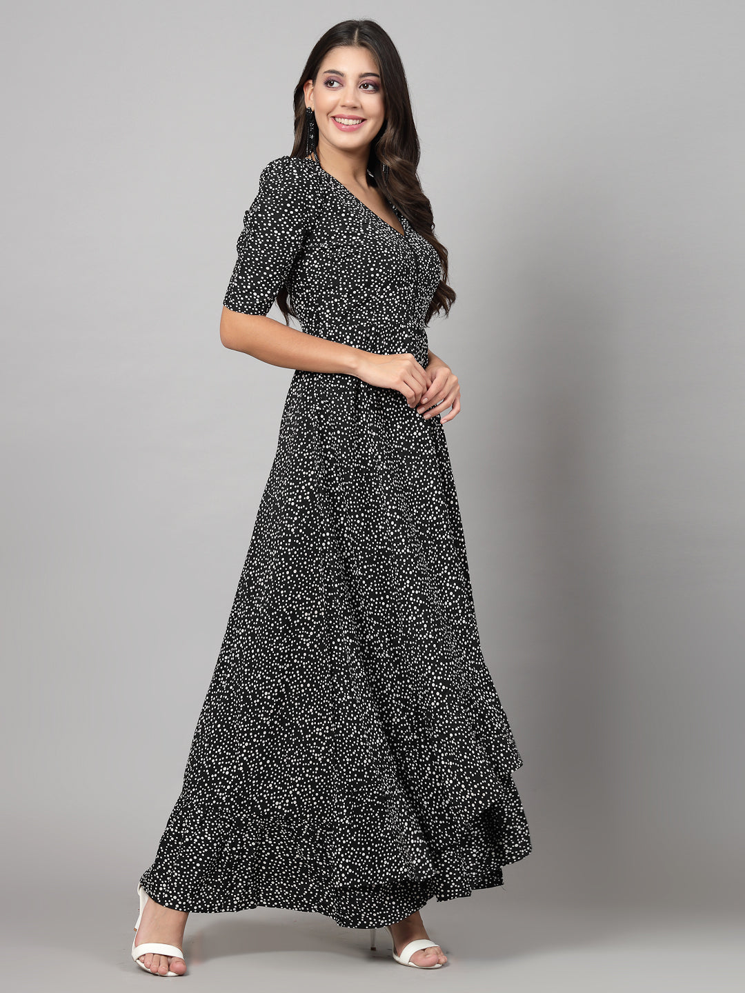 Black dot Printed Dress for women & girls Crepe.  Tailored With Short Sleeve & 'V' Neck, has a high low double layer pattern at front.  Finished with a zip Closure at back for easy slip in.