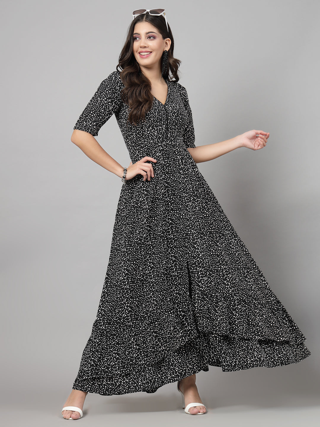 Black dot Printed Dress for women & girls Crepe.  Tailored With Short Sleeve & 'V' Neck, has a high low double layer pattern at front.  Finished with a zip Closure at back for easy slip in.