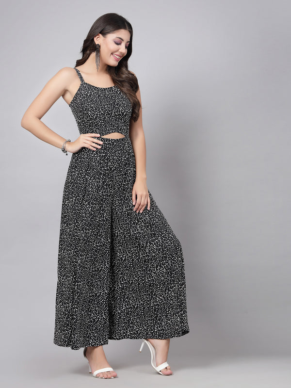 This stunning and playful tiny polka print jumpsuit for women & girls with a stylish cut at the waist is what your wardrobe just needs ! Complete your look with a pair of heels and a sling.   Colour : Black  Print : Tiny Polka Print  Material : Crepe  Sleeve : Sleeveless  Zip Closure at Back   
