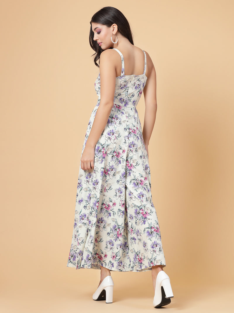 This stunning and playful floral print jumpsuit for women & girls with a stylish cut at the waist is what your wardrobe just needs ! Complete your look with a pair of heels and a sling.   Colour : Multi   Print : Floral Print  Material : Crepe  Sleeve : Sleeveless  Zip Closure at Back   