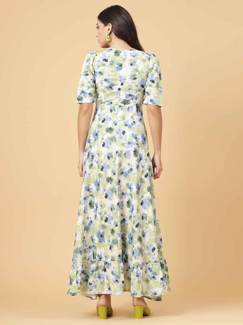 Green & Yellow  Printed Dress for women & girls Crepe.  Tailored With Short Sleeve & 'V' Neck, has a high low double layer pattern at front.  Finished with a zip Closure at back for easy slip in.