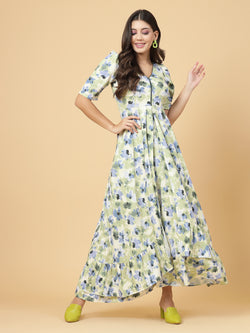 Green & Yellow  Printed Dress for women & girls Crepe.  Tailored With Short Sleeve & 'V' Neck, has a high low double layer pattern at front.  Finished with a zip Closure at back for easy slip in.