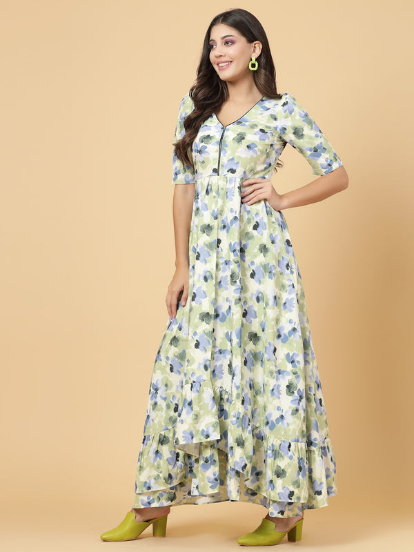 High Low Traditional Maxi Dresses Green in a beautiful floral print to add freshness in your wardrobe.  Tailored With Short Sleeve &amp; 'V' Neck, has a high low double layer pattern at front.  Finished with a zip Closure at back for easy slip in.