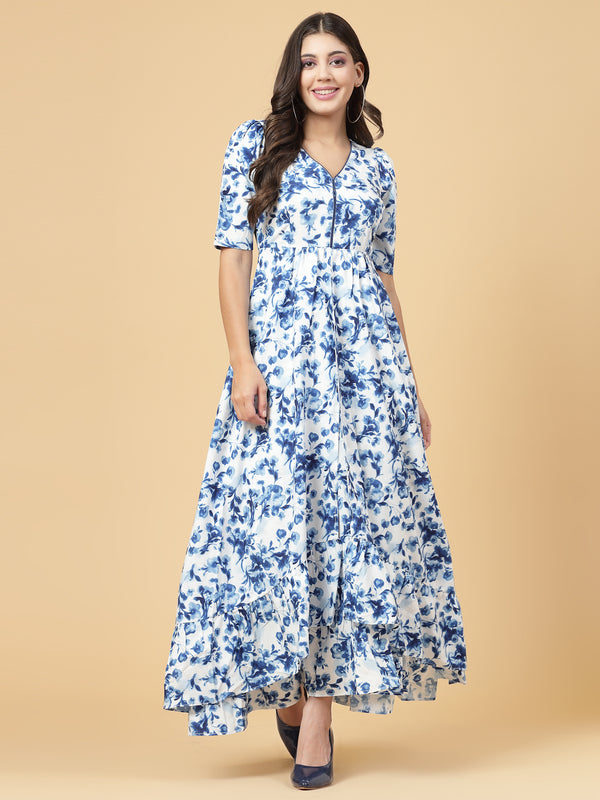 High Low Tradition Maxi Dresses Blue is a floral printed maxi dress for women.  Tailored With Short Sleeve &amp; 'V' Neck, has a high low double layer pattern at front.  Finished with a zip Closure at back for easy slip in.