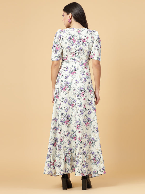 Multi Color High Low Traditional Maxi Dresses For Women is a beautiful floral Printed Dress in Crepe.  Tailored With Short Sleeve &amp; 'V' Neck, has a high low double layer pattern at front.  Finished with a zip Closure at back for easy slip in.