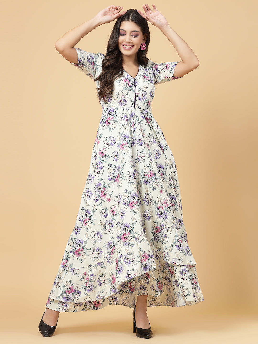 Multi Color High Low Traditional Maxi Dresses For Women is a beautiful floral Printed Dress in Crepe.  Tailored With Short Sleeve & 'V' Neck, has a high low double layer pattern at front.  Finished with a zip Closure at back for easy slip in.