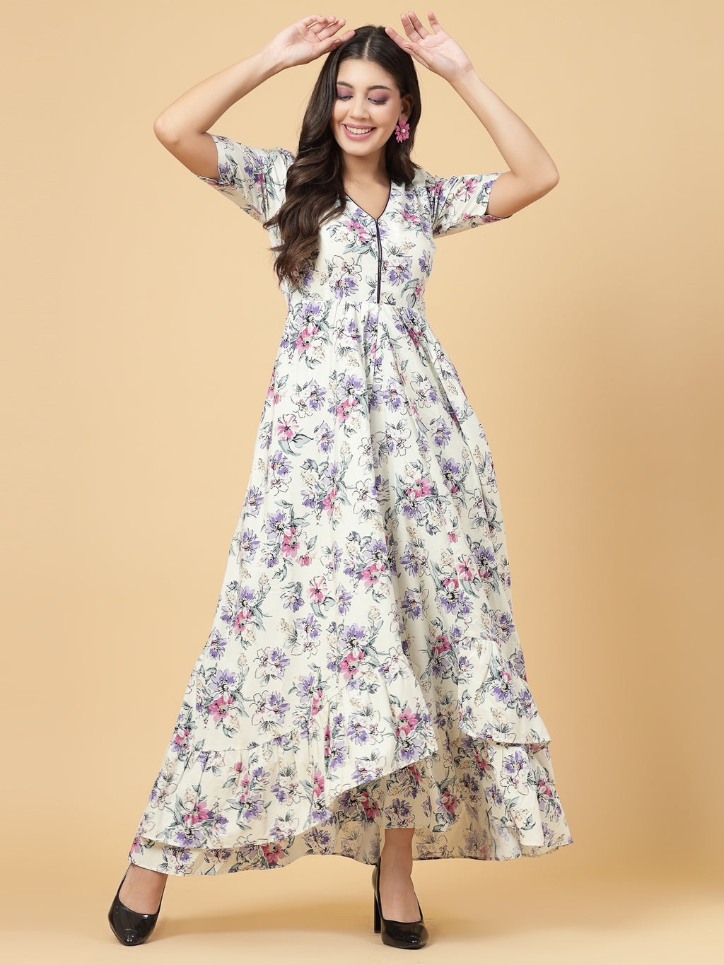 Multi Color High Low Traditional Maxi Dresses For Women is a beautiful floral Printed Dress in Crepe.  Tailored With Short Sleeve &amp; 'V' Neck, has a high low double layer pattern at front.  Finished with a zip Closure at back for easy slip in.