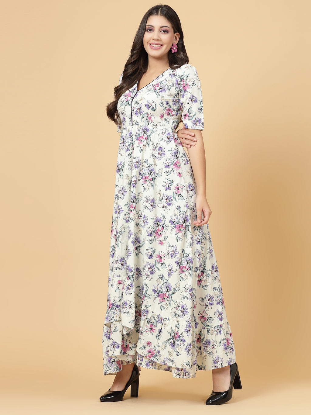 Multi Color High Low Traditional Maxi Dresses For Women is a beautiful floral Printed Dress in Crepe.  Tailored With Short Sleeve &amp; 'V' Neck, has a high low double layer pattern at front.  Finished with a zip Closure at back for easy slip in.