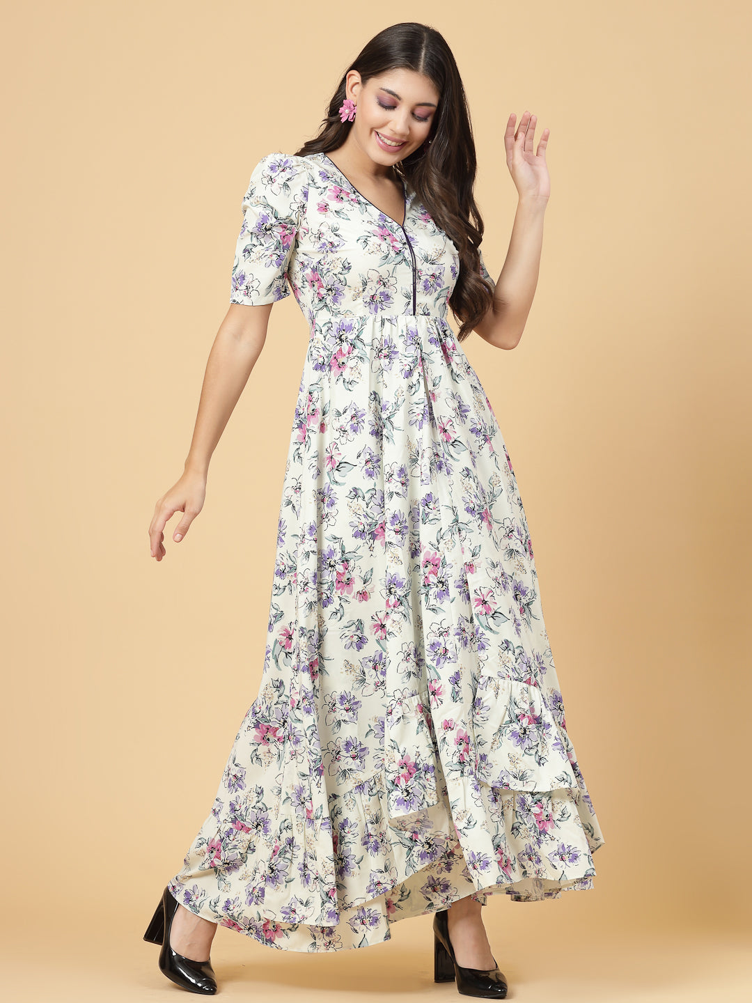 Multi Color High Low Traditional Maxi Dresses For Women is a beautiful floral Printed Dress in Crepe.  Tailored With Short Sleeve & 'V' Neck, has a high low double layer pattern at front.  Finished with a zip Closure at back for easy slip in.