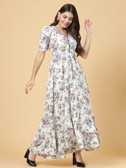 Multi colour floral Printed Dress for women & girls Crepe.  Tailored With Short Sleeve & 'V' Neck, has a high low double layer pattern at front.  Finished with a zip Closure at back for easy slip in.