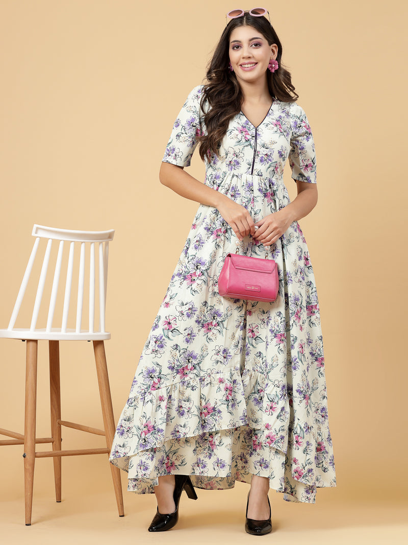 Multi Color High Low Traditional Maxi Dresses For Women is a beautiful floral Printed Dress in Crepe.  Tailored With Short Sleeve &amp; 'V' Neck, has a high low double layer pattern at front.  Finished with a zip Closure at back for easy slip in.