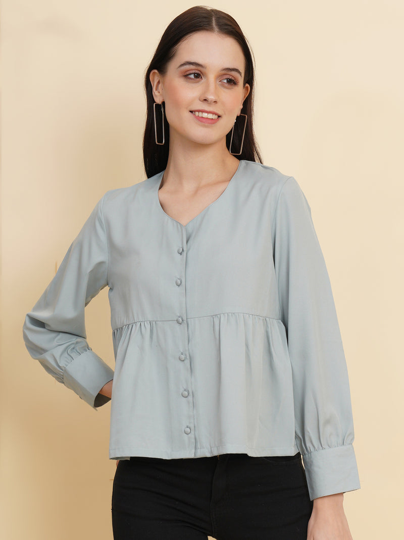 Grey Color Solid Women Top with Full Sleeve and Front Buttons