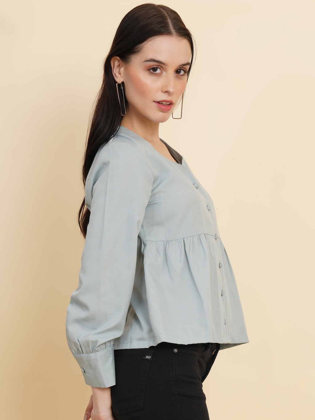Grey Color Solid Women Top with Full Sleeve and Front Buttons