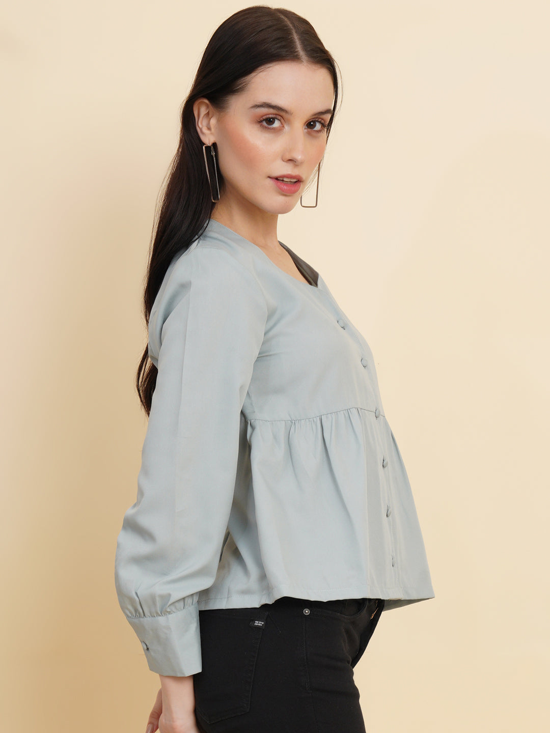 Grey Color Solid Women Top with Full Sleeve and Front Buttons