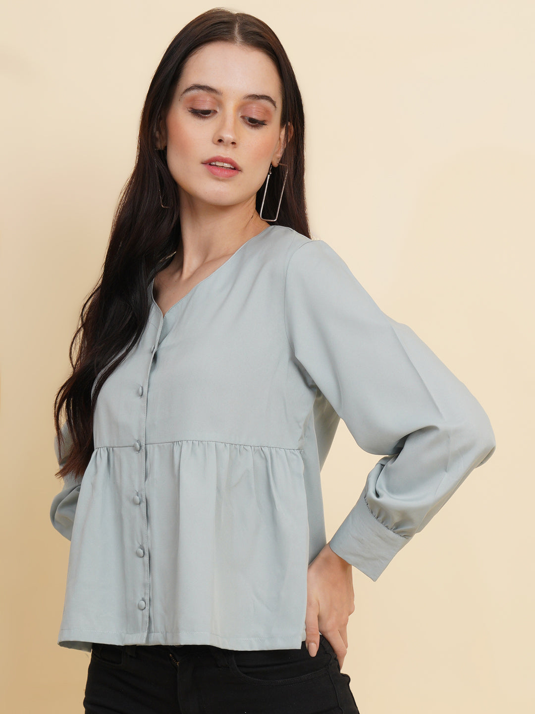 Grey Color Solid Women Top with Full Sleeve and Front Buttons