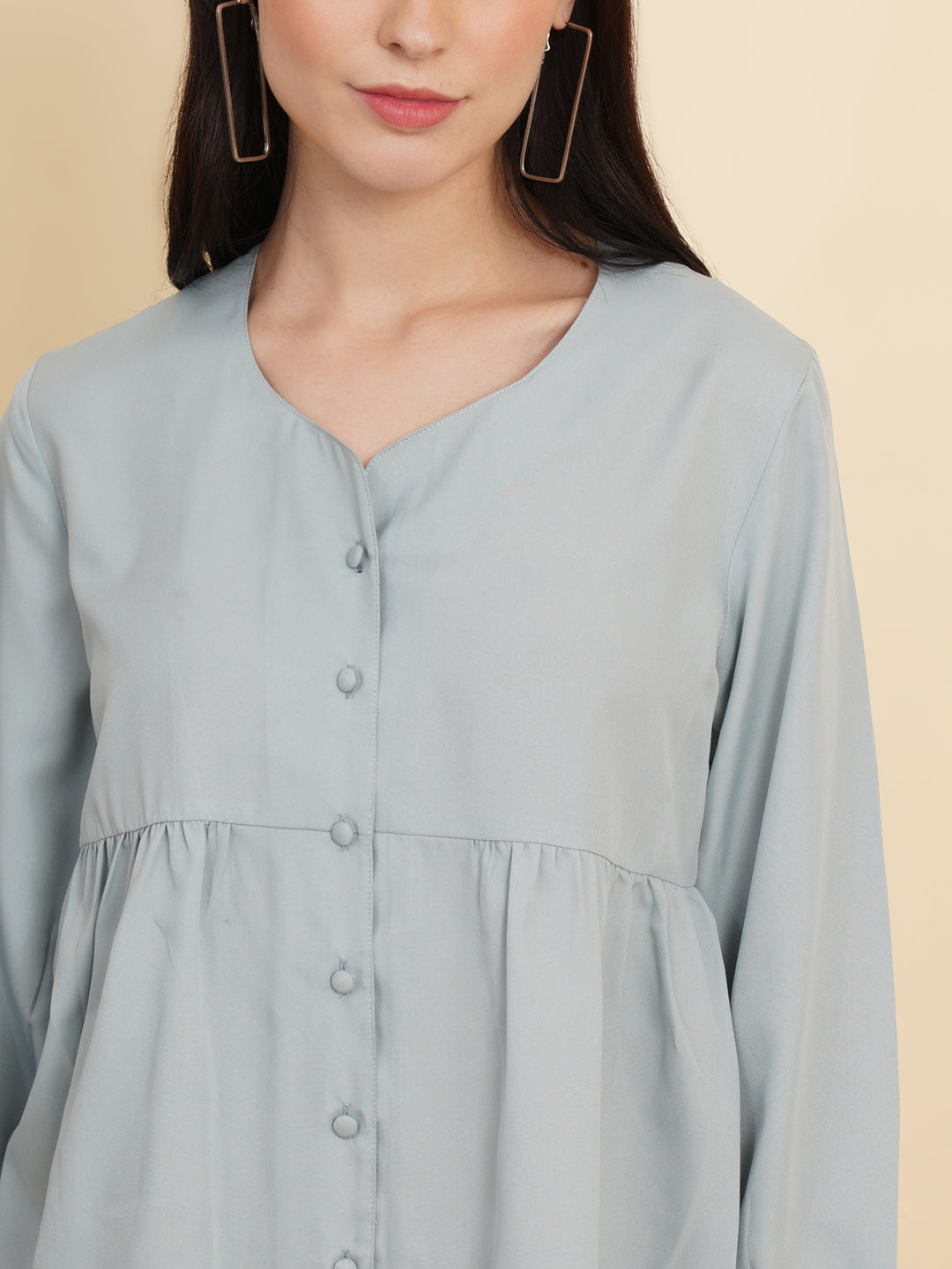 Grey Color Solid Women Top with Full Sleeve and Front Buttons