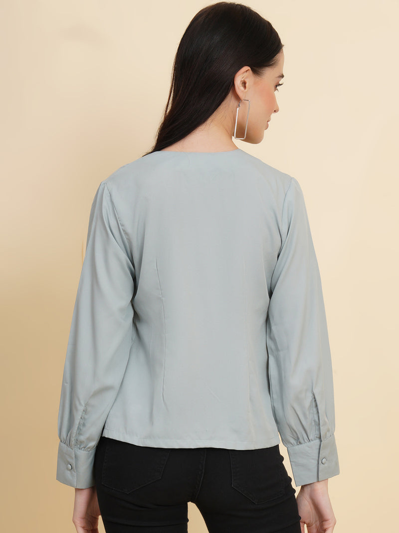 Grey Color Solid Women Top with Full Sleeve and Front Buttons