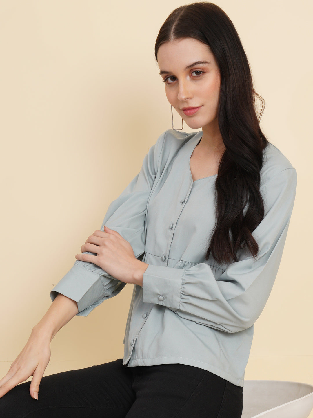 Grey Color Solid Women Top with Full Sleeve and Front Buttons