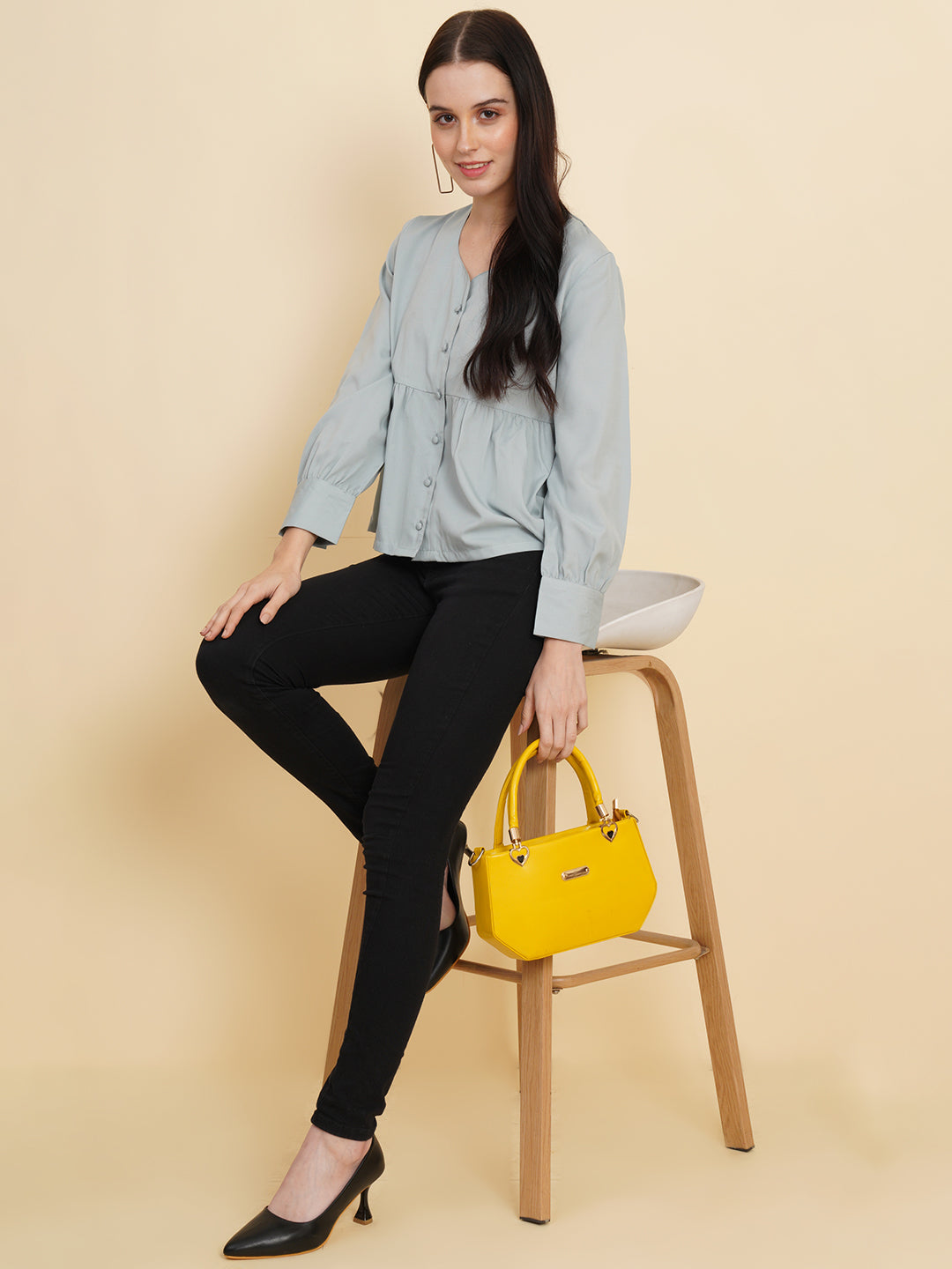 Grey Color Solid Women Top with Full Sleeve and Front Buttons