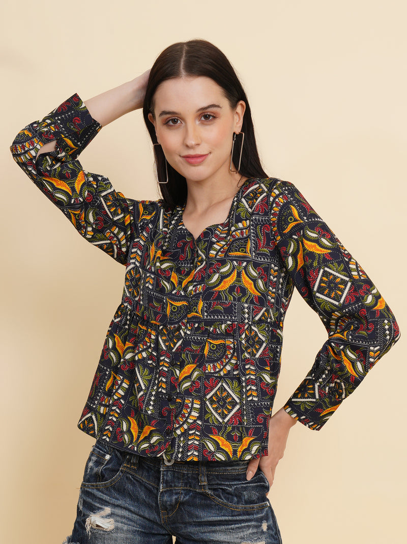 Multi Color Ethnic Print Women Top with Full Sleeve and Front Buttons