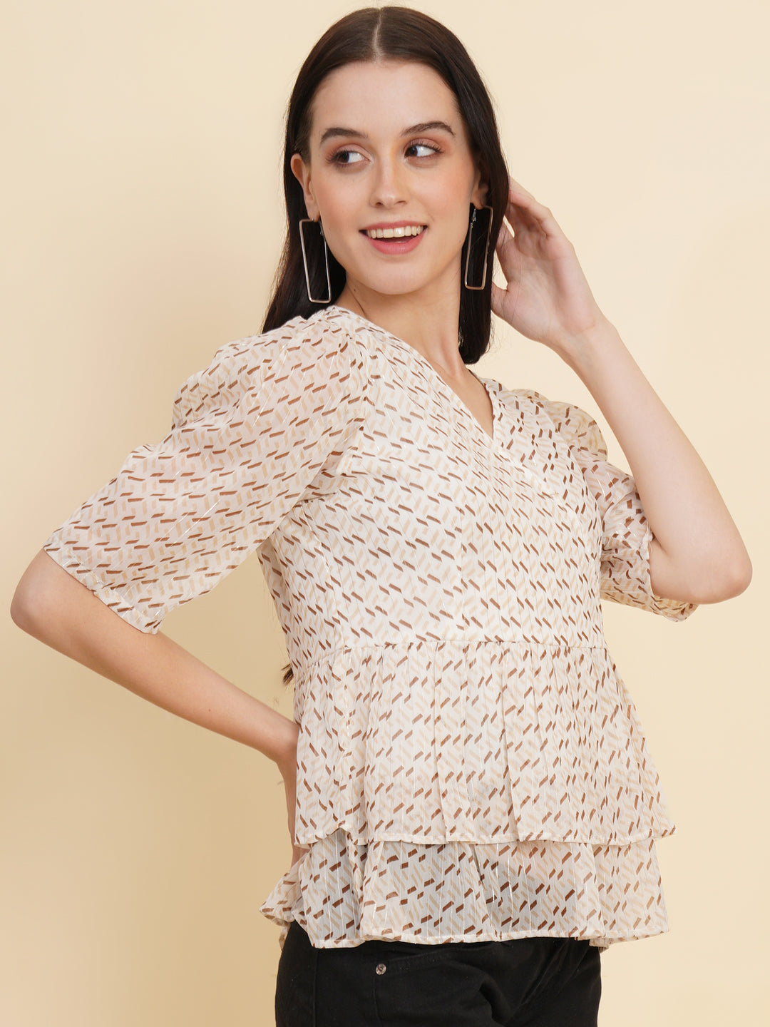 Cream Color Printed Double Ruffle Women Top with Lining