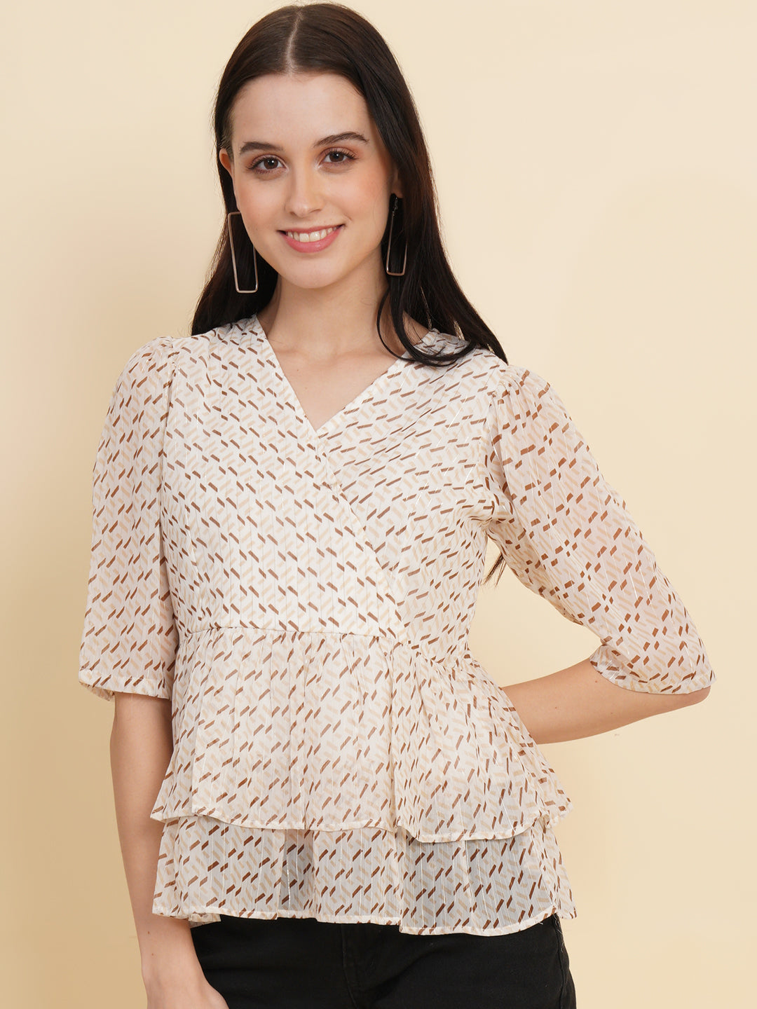 Cream Color Printed Double Ruffle Women Top with Lining