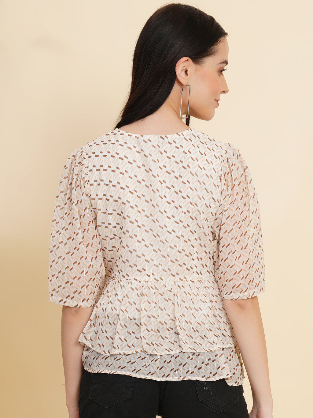 Cream Color Printed Double Ruffle Women Top with Lining