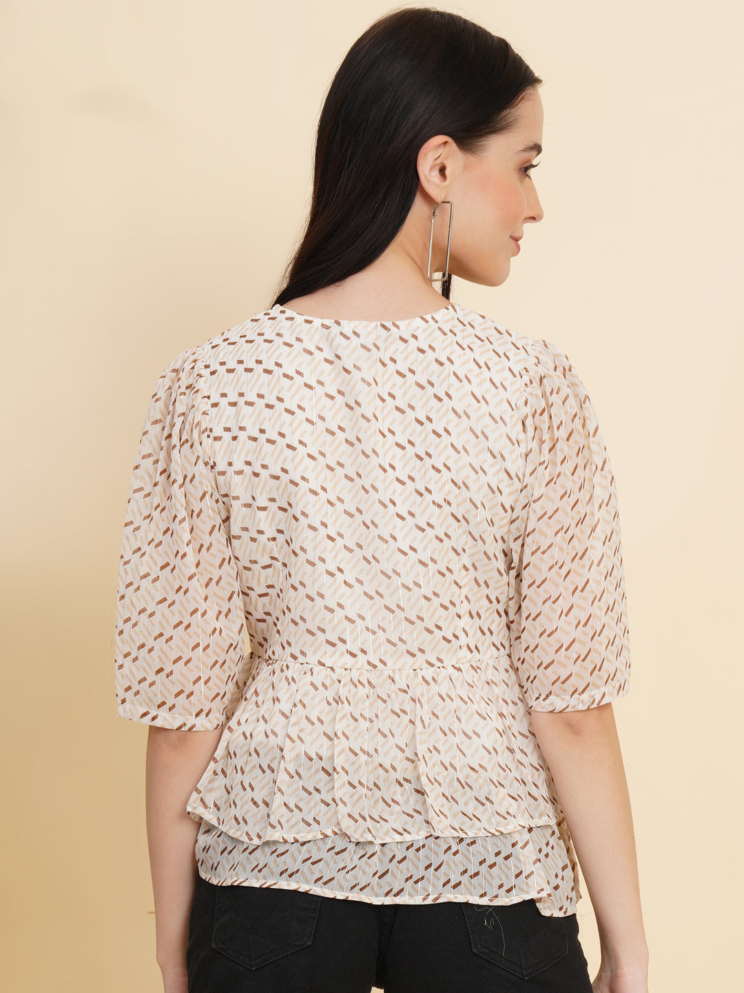 Cream Color Printed Double Ruffle Women Top with Lining