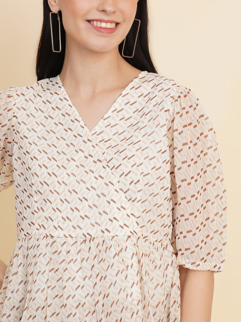 Cream Color Printed Double Ruffle Women Top with Lining