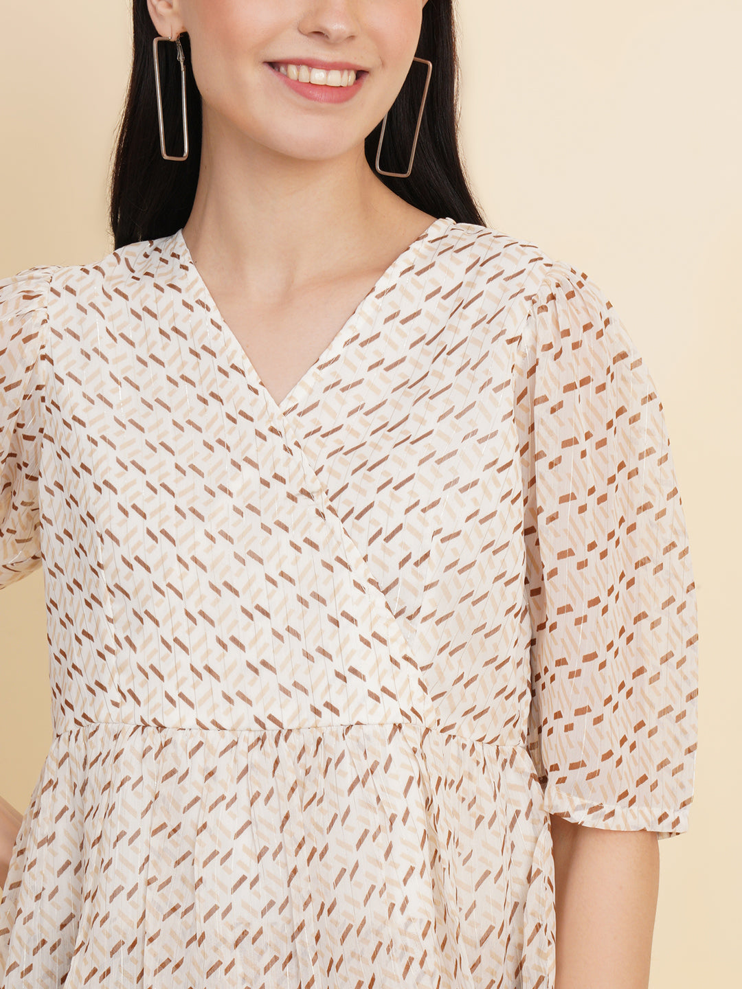 Cream Color Printed Double Ruffle Women Top with Lining