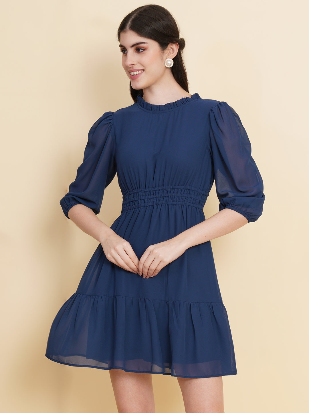 Step into style and embrace your femininity with our stunning blue short dress for women!  Featuring a ruched waist and a playful ruffled hem, this dress effortlessly combines elegance and flirtiness. It's the perfect choice for any occasion, whether it's a brunch date or a night out on the town.