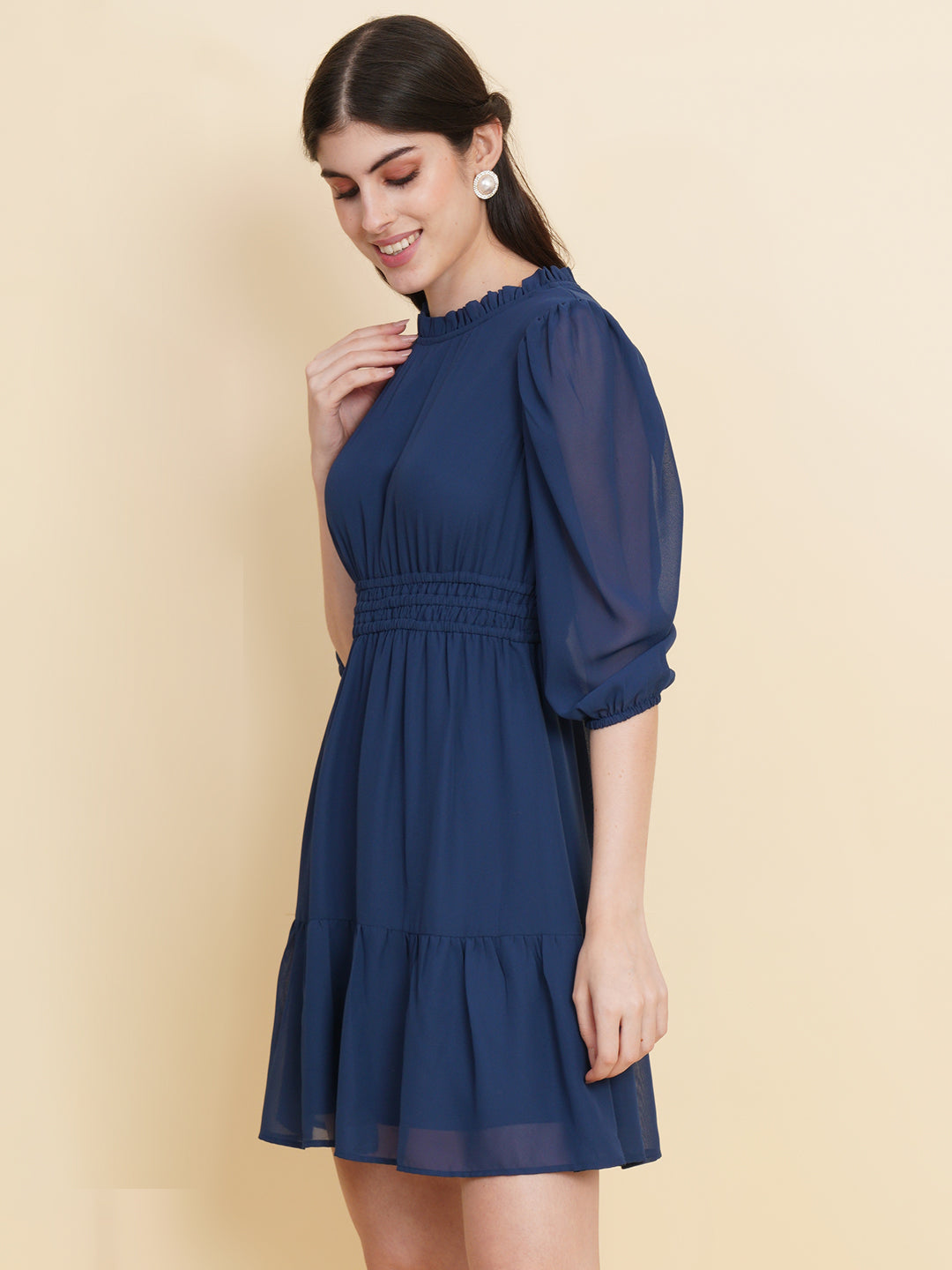 Step into style and embrace your femininity with our stunning blue short dress for women!  Featuring a ruched waist and a playful ruffled hem, this dress effortlessly combines elegance and flirtiness. It's the perfect choice for any occasion, whether it's a brunch date or a night out on the town.