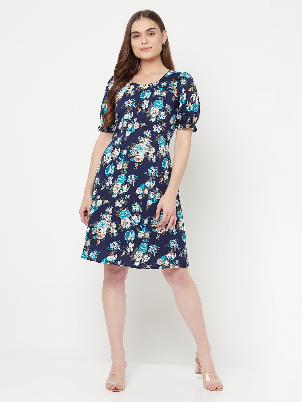 Floral Printed A line short dress with puff sleeve & lining for women.