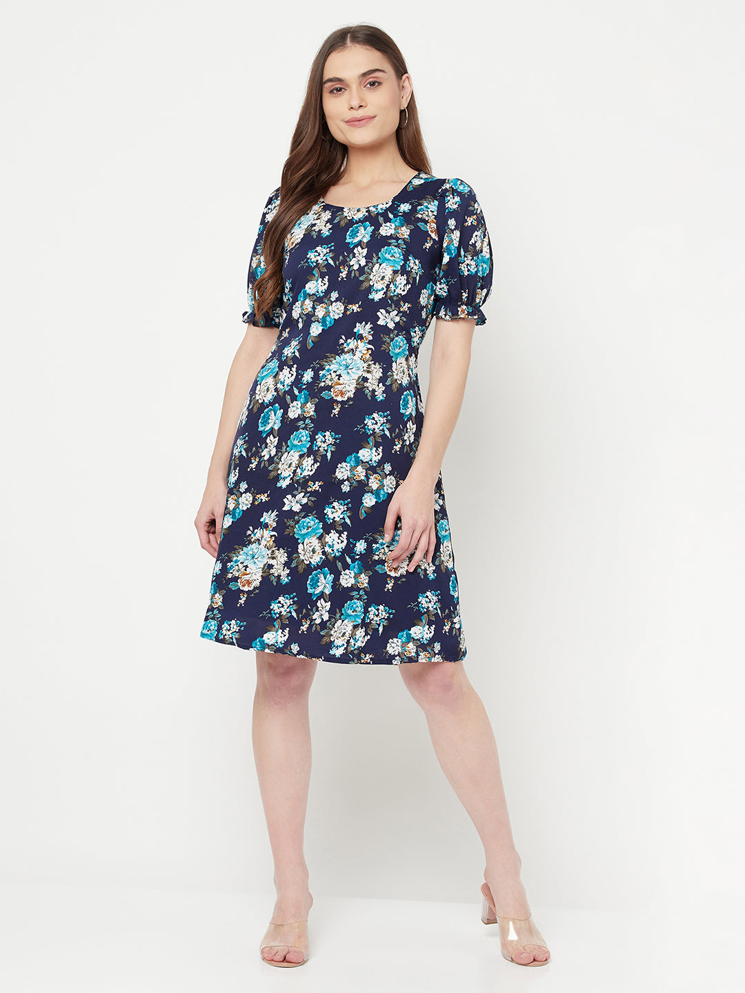 Floral Printed A line short dress with puff sleeve & lining for women.